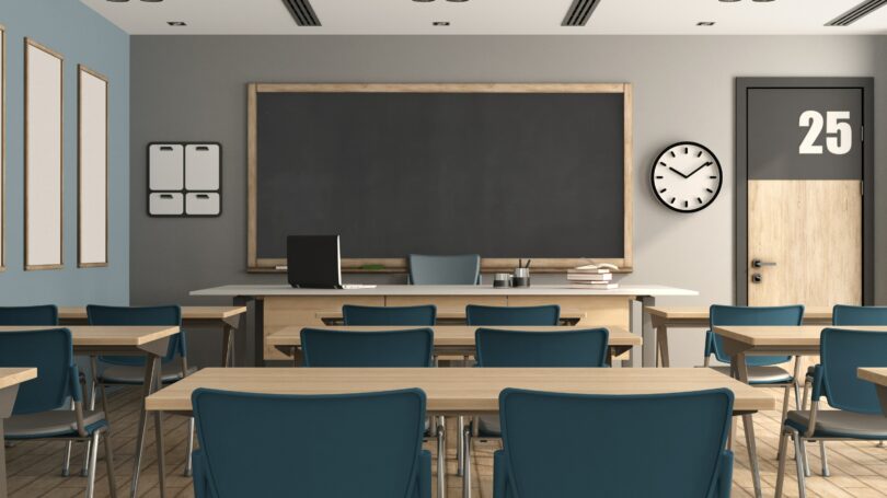 Classroom Empty Chalkboard Desks Chairs