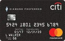 A Citi Diamond Preferred Mastercard credit card with a black textured background, chip, and visible card number, expiration dates, and Mastercard logo. The name L. Walker is printed at the bottom left.