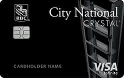A City National Crystal Visa Infinite credit card featuring the RBC logo, an EMV chip, and cardholder name area on a black background with a geometric design on the right side.