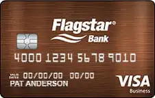 A brown Flagstar Bank Visa Business credit card with a chip, card number, expiration date, and the name Pat Anderson printed on the front.