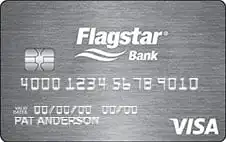 A silver Flagstar Bank Visa credit card with a chip, card number, expiration date, and the name Pat Anderson printed on the front. The card has a brushed metal design.