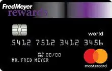 A black Fred Meyer Rewards World Mastercard credit card displaying a chip, the card number, expiration date, cardholder name MR. FRED MEYER, and the Mastercard logo on the lower right.