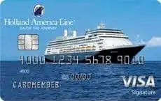 A credit card featuring an image of a cruise ship at sea. The card displays the Holland America Line logo and branding, a chip, card number, CARDMEMBER, and the Visa Signature logo.