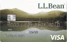 A credit card featuring a scenic mountain and lake landscape, with the L.L. Bean logo at the top right and the VISA logo at the bottom right. Card numbers and chip are visible.
