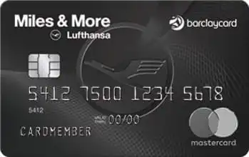 A black Miles & More Lufthansa Barclaycard Mastercard credit card with a chip, card number, valid dates, and cardmember label. The Lufthansa logo is in the center.