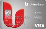 A silver UnionBank Visa credit card featuring a large red and white U logo, a chip, and embossed numbers. The Visa logo appears in the bottom right corner.