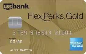 A gold-colored US Bank FlexPerks Gold American Express credit card, featuring a chip, card number, cardholder name, and logos for US Bank and American Express.