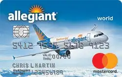 Allegiant World Mastercard credit card featuring an image of an Allegiant airplane flying above clouds, with the Mastercard logo and cardholder information on the front.