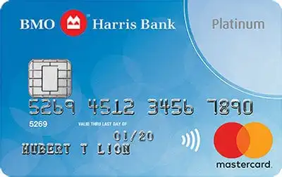 A blue BMO Harris Bank Platinum Mastercard credit card with card number, chip, contactless symbol, and Mastercard logo. The cardholder name is HUBERT T LION and the expiration date is 01/20.