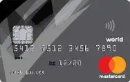A gray Mastercard credit card with a chip, contactless symbol, card number, expiration date, and cardholders name John Sales visible on the front.