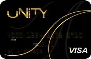 A black Visa credit card with the word UNITY in gold at the top left, gold curved lines across the card, and the Visa logo in white at the bottom right.