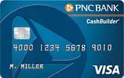 A blue PNC Bank CashBuilder Visa credit card with a chip, card number, and the name “M. Miller” printed on it. The PNC logo is in the upper left corner, and the Visa logo is in the bottom right corner.