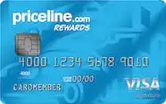 A blue Priceline.com Rewards Visa credit card with a chip, card number, and the words CARDMEMBER and VISA visible on the front.