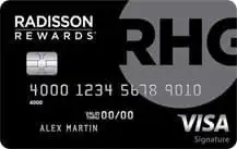 A black Radisson Rewards Visa Signature credit card displays a chip, card number, expiration date, and the name Alex Martin. The Radisson Rewards and RHG logos are visible.