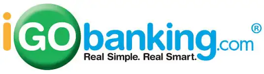 Logo for iGObanking.com, featuring a green circle with GO in white, the rest of the text in orange and blue, and the tagline Real Simple. Real Smart. underneath in blue.