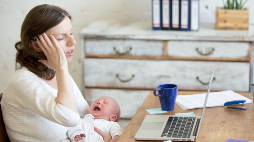 Mom Stressed Baby Crying Laptop Work