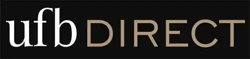 The image displays the logo for ufb DIRECT, with ufb in white lowercase letters and DIRECT in uppercase tan letters, all on a black background.