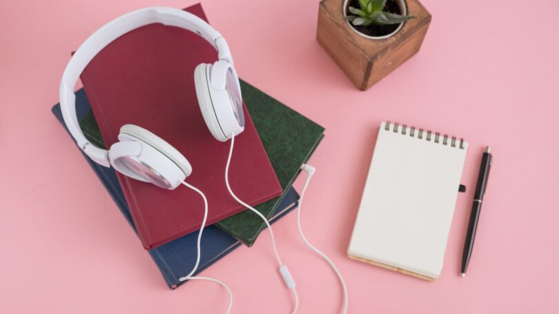 Audiobooks Desk Notepad Headphones Plant