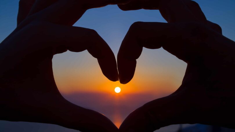 Heart Sign With Hands Sunset Horizon