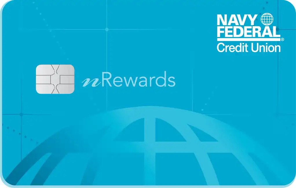 A blue Navy Federal Credit Union nRewards credit card featuring a chip, nRewards text in the center, and a stylized globe design at the bottom. Navy Federal Credit Union logo is in the top right corner.