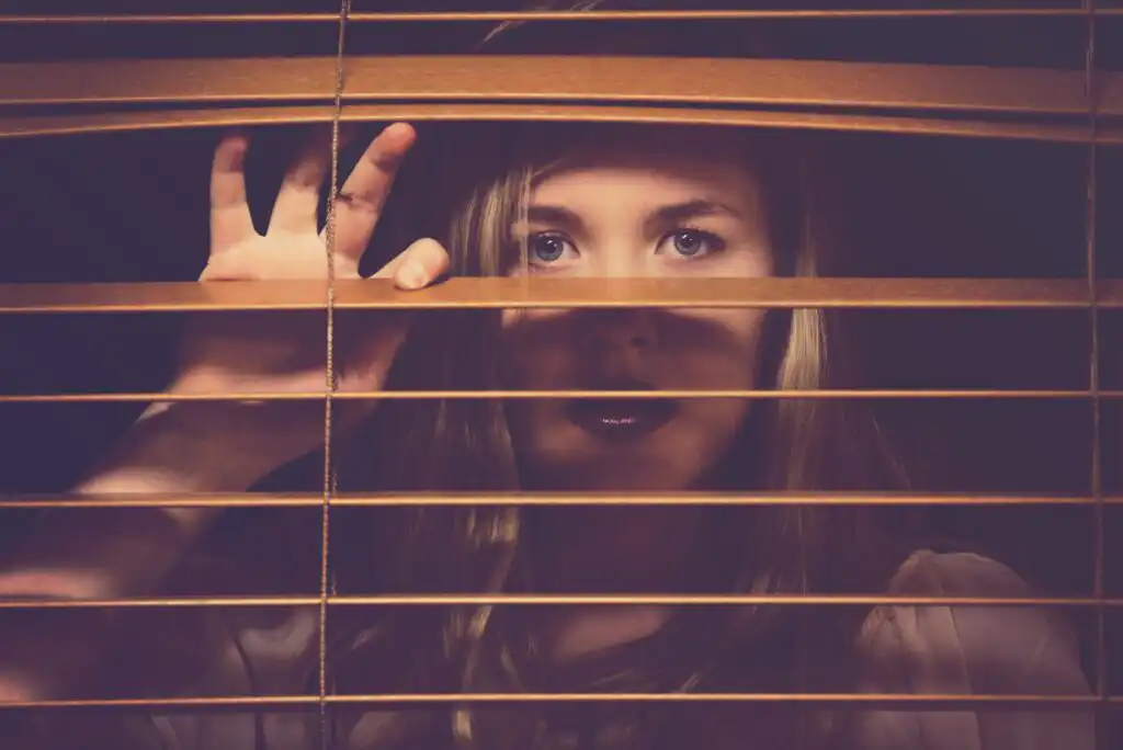 A young woman peers through partially opened window blinds, her hand holding one slat up. Light and shadow fall across her face, highlighting her wide, watchful eyes and creating a sense of suspense or curiosity.