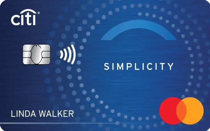 A blue Citi Simplicity Mastercard credit card featuring the card chip, contactless symbol, Citi and Mastercard logos, and the name Linda Walker at the bottom left.