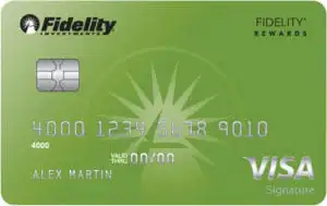 A green Fidelity Rewards Visa Signature credit card with a chip, card number, cardholder name Alex Martin, and Fidelity and Visa logos.