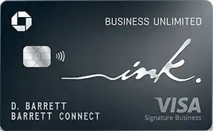 A Chase Ink Business Unlimited Visa credit card, dark gray with a chip, contactless symbol, and the cardholder name “D. Barrett Barrett Connect” printed at the bottom left.