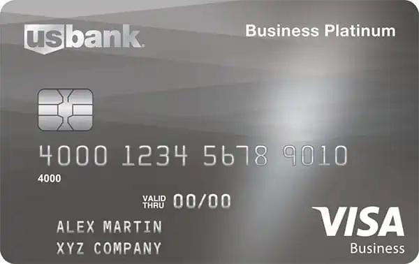 A US Bank Business Platinum Visa credit card showing a silver design, chip, and embossed numbers. The cardholder name is Alex Martin, company name is XYZ Company, and the card has “VALID THRU 00/00” printed on it.