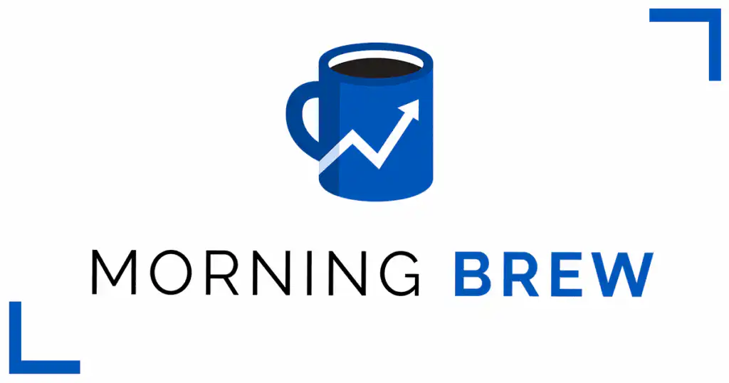 A blue coffee mug with a white upward arrow is above the text MORNING BREW, with BREW in bold blue letters. Blue corner brackets frame the image.