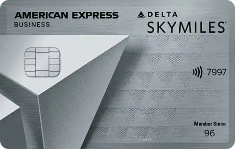 A silver American Express Delta SkyMiles Business credit card featuring a chip, contactless symbol, partial card number, and Member Since 96 text on a sleek, geometric background.