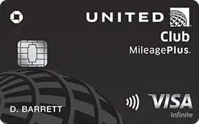 A United Club MileagePlus Visa Infinite credit card, black with silver text and logos, featuring a chip, contactless symbol, the cardholder name D. Barrett, and the United Airlines globe logo.