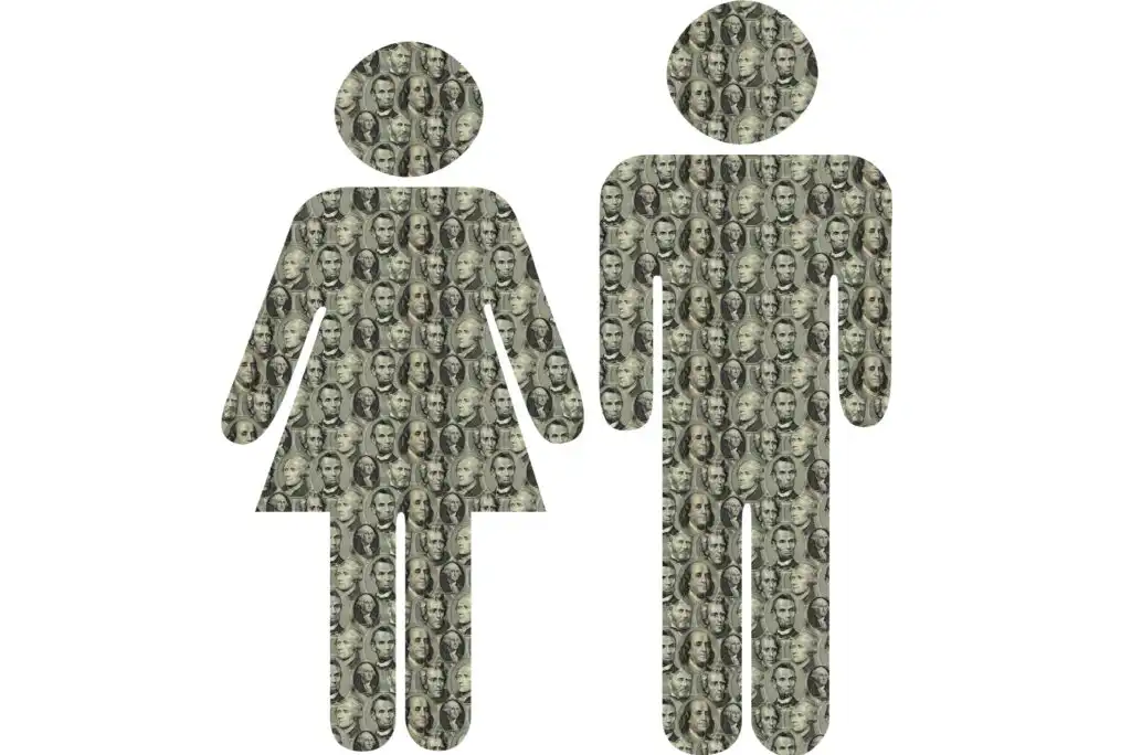 Silhouettes of a woman and a man are filled with overlapping images of U.S. hundred-dollar bills, symbolizing a connection between gender and money. The background is plain white.