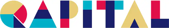 The word CAPITAL is spelled out in bold, geometric letters with segments colored in red, navy blue, teal, and beige, giving a modern and abstract appearance.