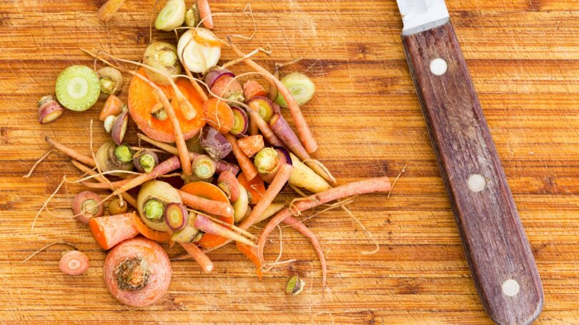 Vegetable Scraps Carrots Cutting Board Knives