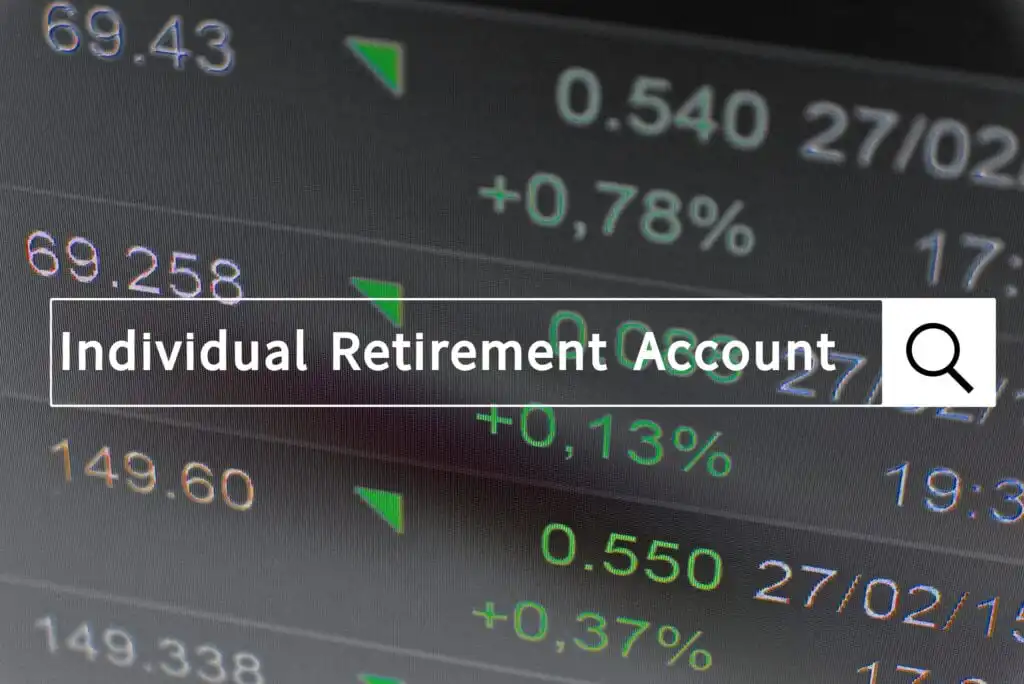 A search bar with the text Individual Retirement Account appears over a background of stock market numbers and green arrows pointing upward.