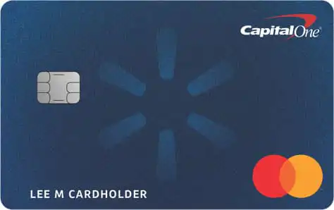 A blue Capital One Mastercard credit card with a Walmart spark logo in the center, a chip on the left, and the cardholder name LEE M CARDHOLDER at the bottom left.