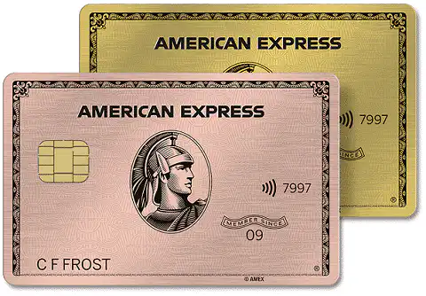 Two American Express credit cards are shown: a rose gold card in front and a gold card behind it. Both display a centurion profile, chip, contactless symbol, and partial card numbers ending in 7997.