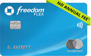A blue Chase Freedom Flex credit card with NO ANNUAL FEE in a green banner, a chip, contactless symbol, and Mastercard logo. The cardholder name D. Barrett is printed on the front.