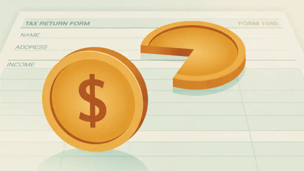 Illustration of two gold coins on a tax form, one a full coin and one sliced to a thin wedge, showing that a tax credit is worth more than a deduction.