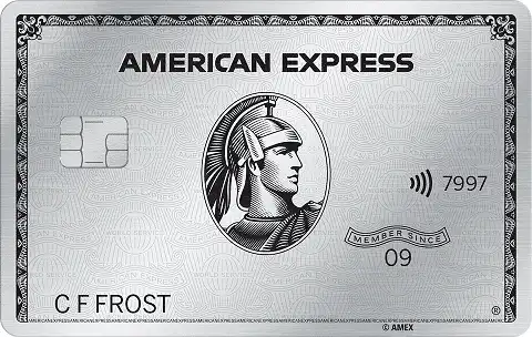 A silver American Express credit card featuring a centurion’s profile in the center, a chip on the left, contactless payment symbol, cardholder name C F Frost, and Member Since 09 printed on the front.
