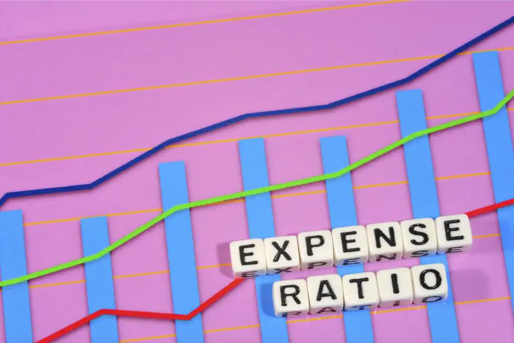 A colorful financial chart with blue bars, red and green trend lines, and the words EXPENSE RATIO spelled out with lettered cubes in the foreground.