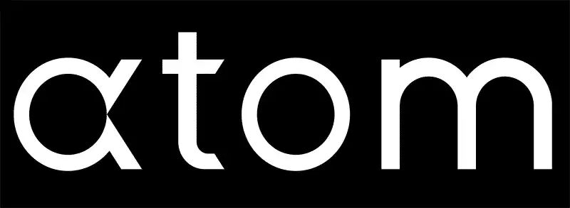 The word atom is written in lowercase with a white font on a black background. The a is stylized to resemble the Greek letter alpha (α).