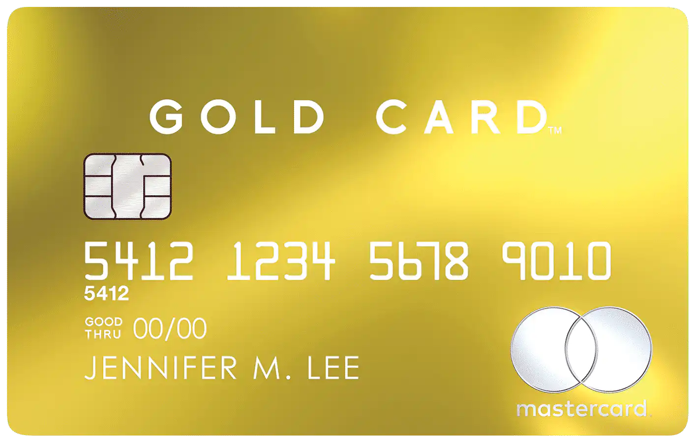 A shiny gold Mastercard credit card labeled GOLD CARD with a chip, card number, expiry date, the name Jennifer M. Lee, and the Mastercard logo on the front.