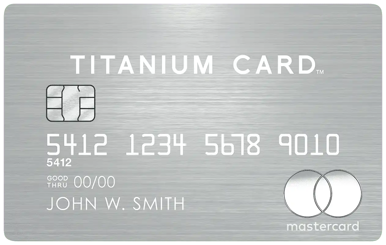 A silver titanium credit card with a chip, card number, name John W. Smith, expiration date, and Mastercard logo on the bottom right.