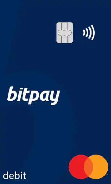 A BitPay debit card with a dark blue background, contactless chip icon, Mastercard logo, and the word debit in the lower left corner.