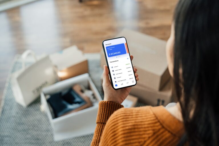 Woman Holding Phone Banking App Shoes Background