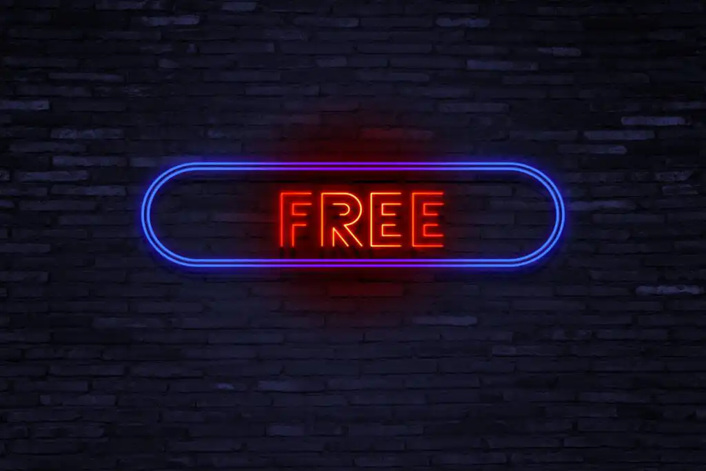 A neon sign with the word FREE in glowing red letters, outlined by a blue neon border, is displayed against a dark brick wall background.
