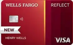 A red Wells Fargo Reflect Visa credit card with a chip, contactless symbol, cardholder name Henry Wells, and a white banner labeled NEW. The Visa logo is in the bottom right corner.