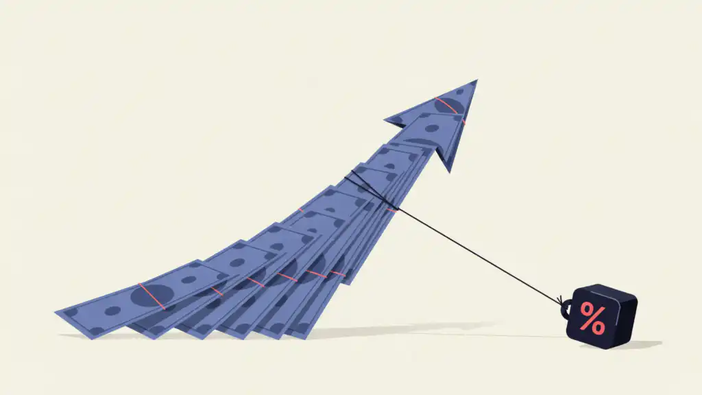 Illustration of an upward arrow made of banknotes tethered to a heavy weight stamped with a percent symbol, showing how a fund's expense ratio holds back your investment growth.